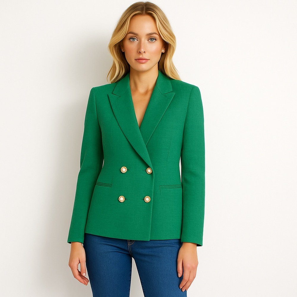 SANDRO Paris Green Tweed Double-Breasted Blazer with Gold Buttons